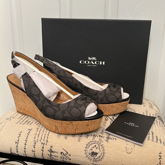 COACH Ferry Signature C Wedge Cork Heel. Jacquard Fabric.  Size 9.5 Black-Smoke - Picture 3 of 17